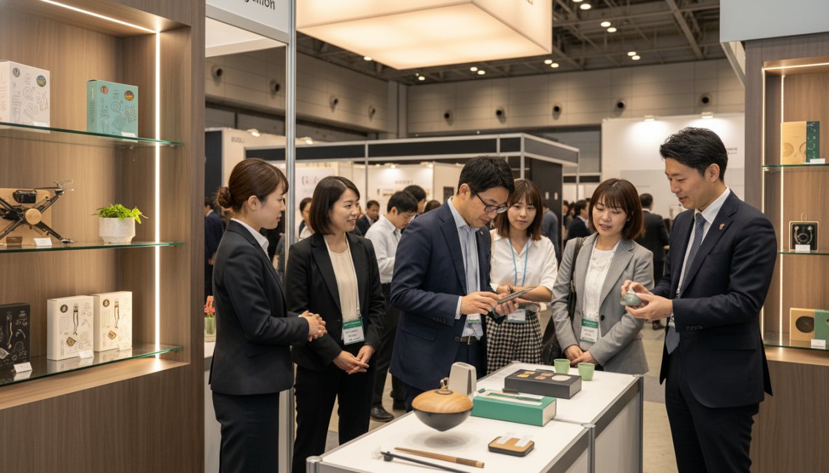 展示会でのノベルティ配布シーン