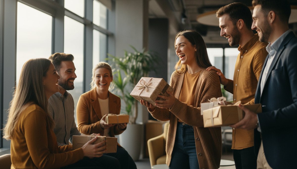 社内向けノベルティを受け取る社員たち
