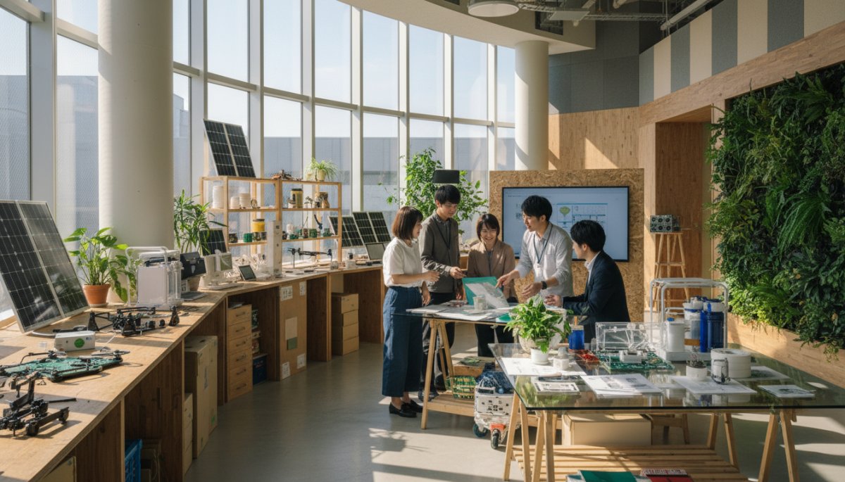 企業のSDGs実践事例を示すオフィスと製品開発の様子