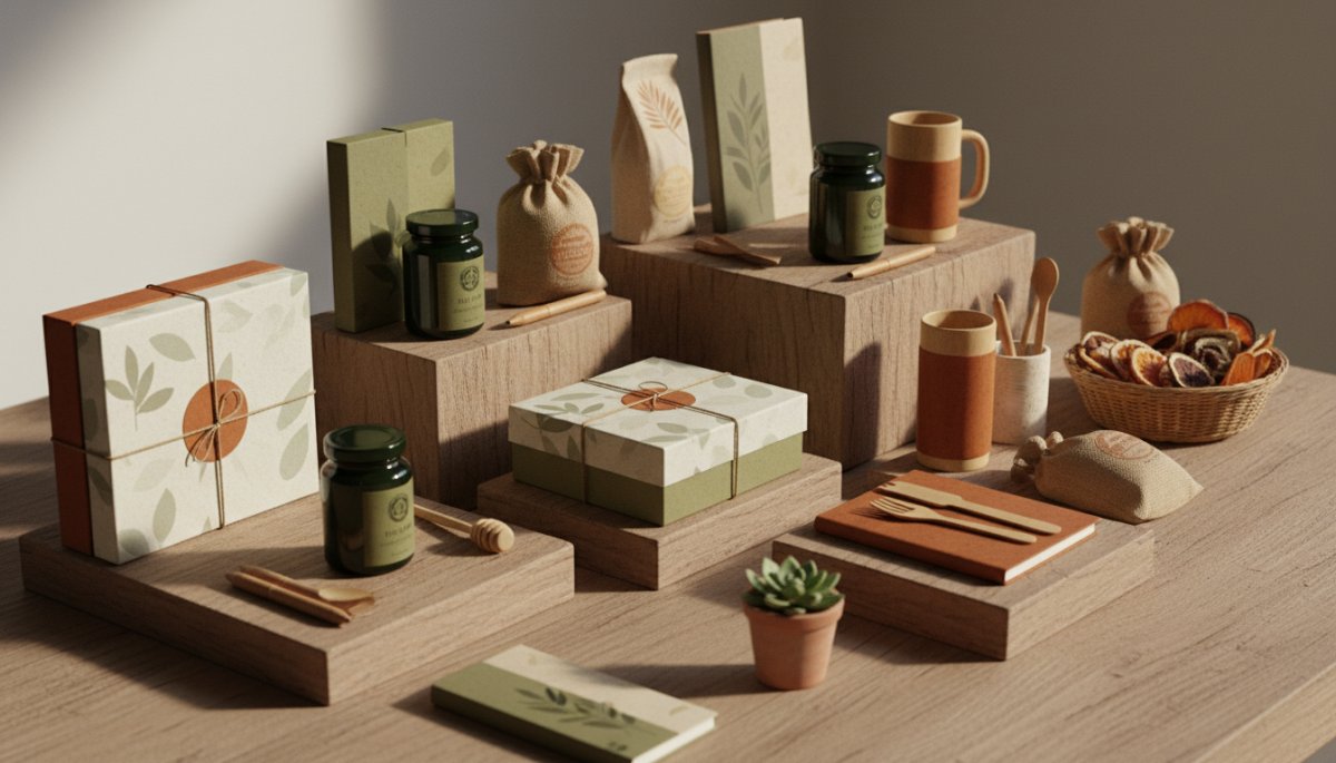 環境配慮型ノベルティと食品ギフトの展示イメージ