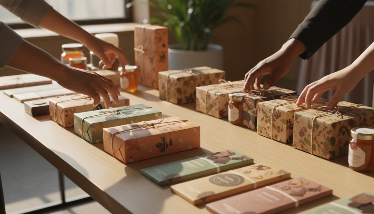 食品ノベルティを手に取る人々の様子