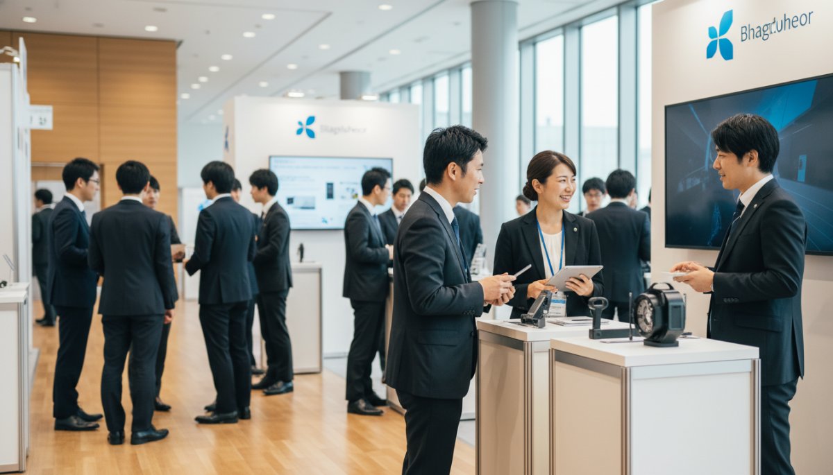 展示会ブースで来場者と商談する様子