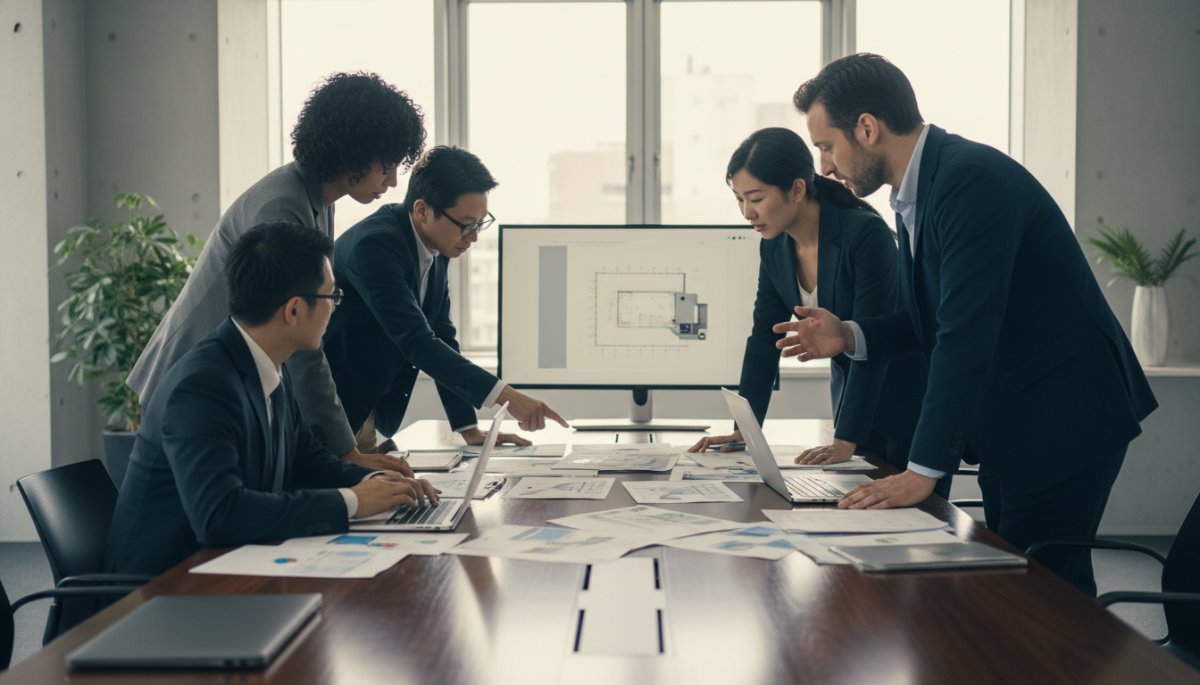 展示会の事前準備をするチームミーティング