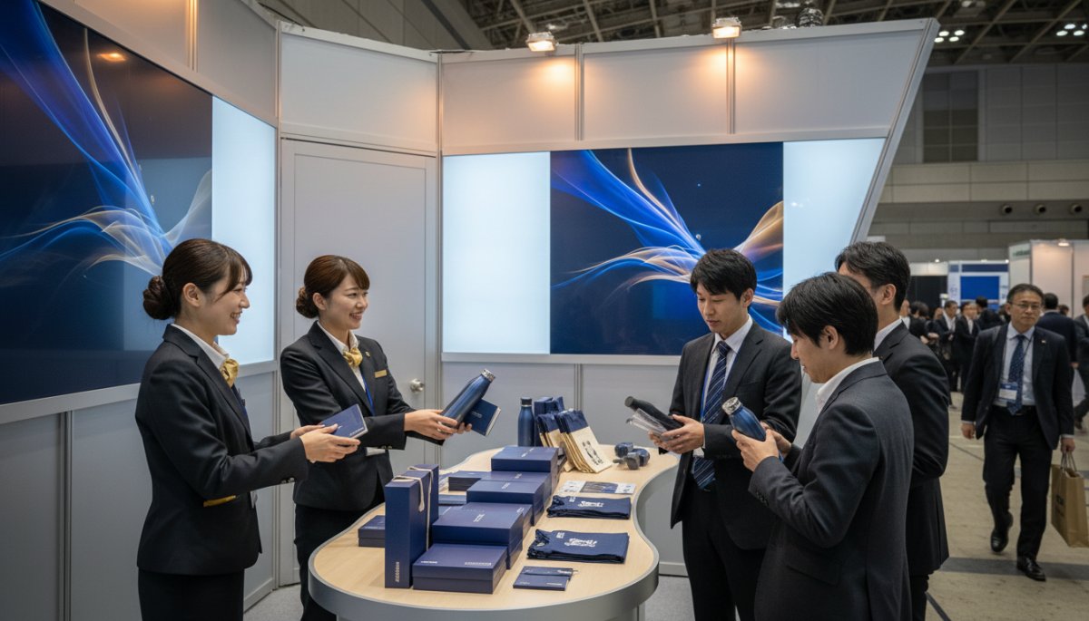 展示会ブースでノベルティを配布する様子