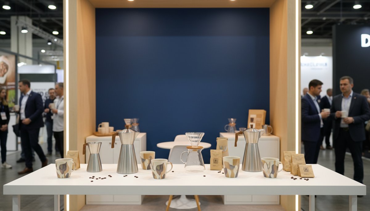 展示会ブースでのコーヒーノベルティ配布シーン