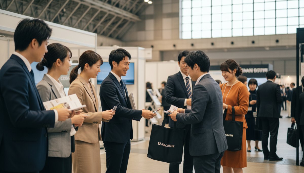 展示会での効果的なノベルティ配布シーン