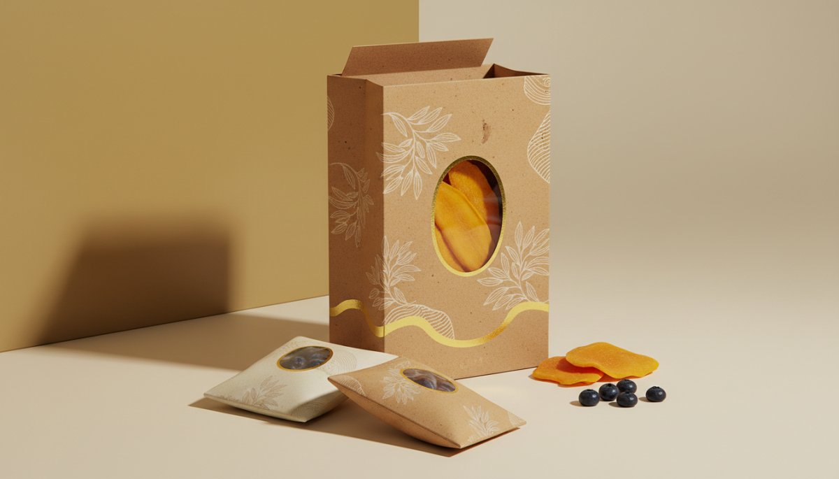 企業ロゴ入りドライフルーツのパッケージデザイン例