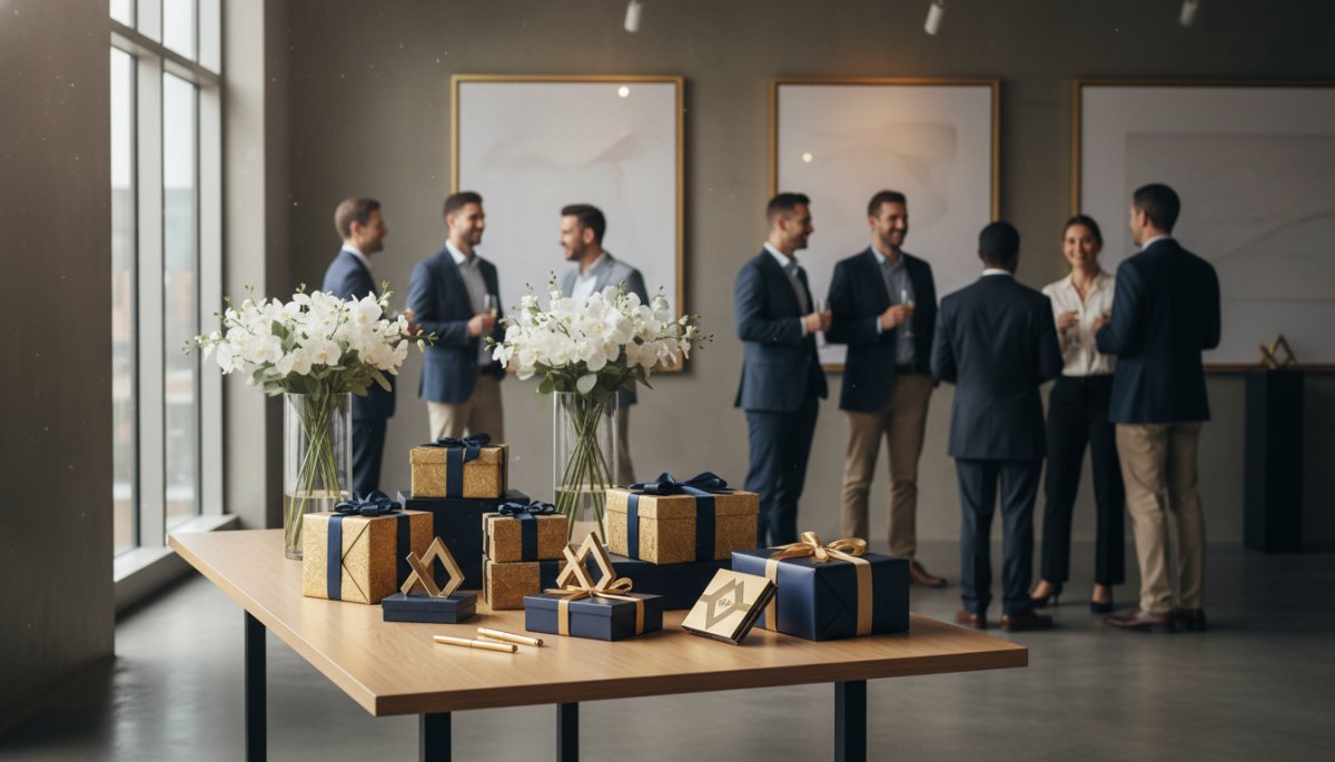 企業周年イベントでノベルティを配布する様子